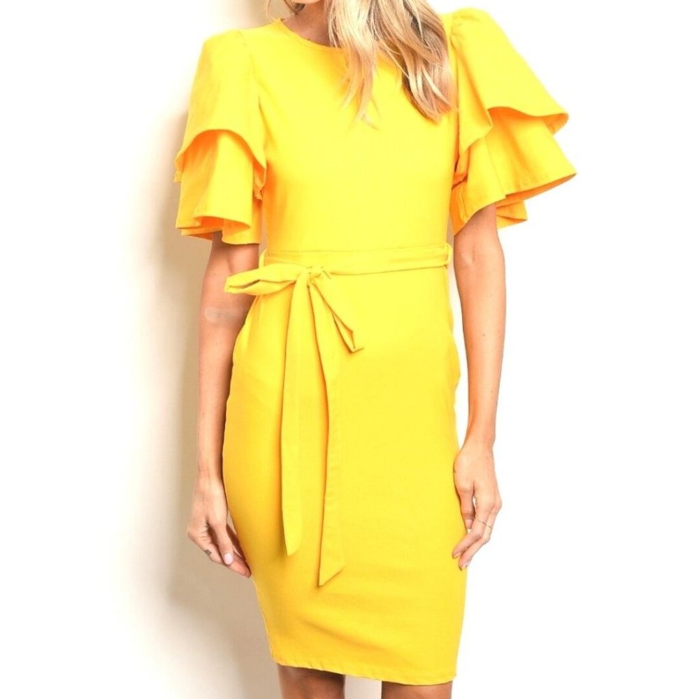 Ranni Mustard Flutter Sleeve Bodycon Party Cocktail Evening Midi Dress
